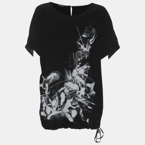 Elena Miro Black Printed and Crystal Embellished Drawstring Top L, Shirts & Tops - Luxury Closet