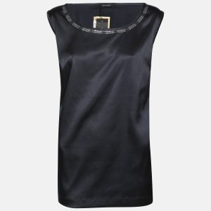 Elena Miro Midnight Blue Satin Crystal Embellished Neck Sleeveless Tops L, Shirts & Tops - Luxury Closet catalog
