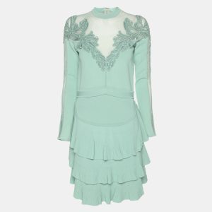 Elie Saab Mint Green Tulle Paneled Stretch Knit Appliqu&eacute;d Mini Dress S, Dresses - Luxury Closet