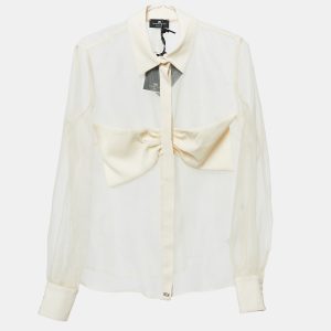 Elisabetta Franchi Beige Bow Detail Organza Sheer Shirt M, Shirts & Tops - Luxury Closet