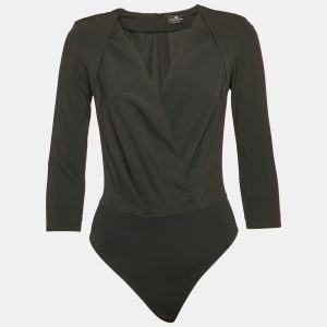 Elisabetta Franchi Black Crepe Plucking Neck Bodysuit S, Shirts & Tops - Luxury Closet