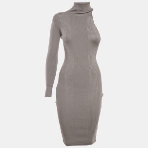 Elisabetta Franchi Grey Rib Knit One Shoulder Bodycon Dress M, Dresses - Luxury Closet