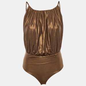 Elisabetta Franchi Bronze Metallic Jersey Bodysuit Top M, Shirts & Tops - Luxury Closet