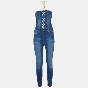 Elisabetta Franchi Blue Denim Lace-Up Detail Off-Shoulder Jumpsuit M, Suits - Luxury Closet catalog