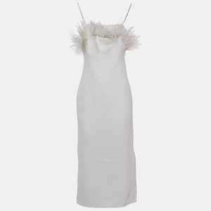 Elliatt Ivory/White Crepe Feather Detail Harley Midi Dress XS, Dresses - Luxury Closet