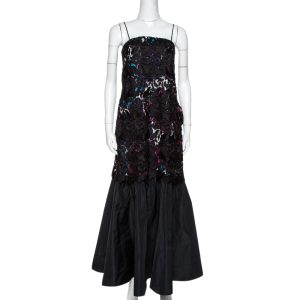 Emporio Armani Black Printed Satin & Lace Overlay Maxi Dress S, Dresses - Luxury Closet