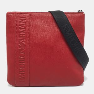 Emporio Armani Red/Black Leather Logo Embossed Flat Messenger Bag, Handbags - Luxury Closet