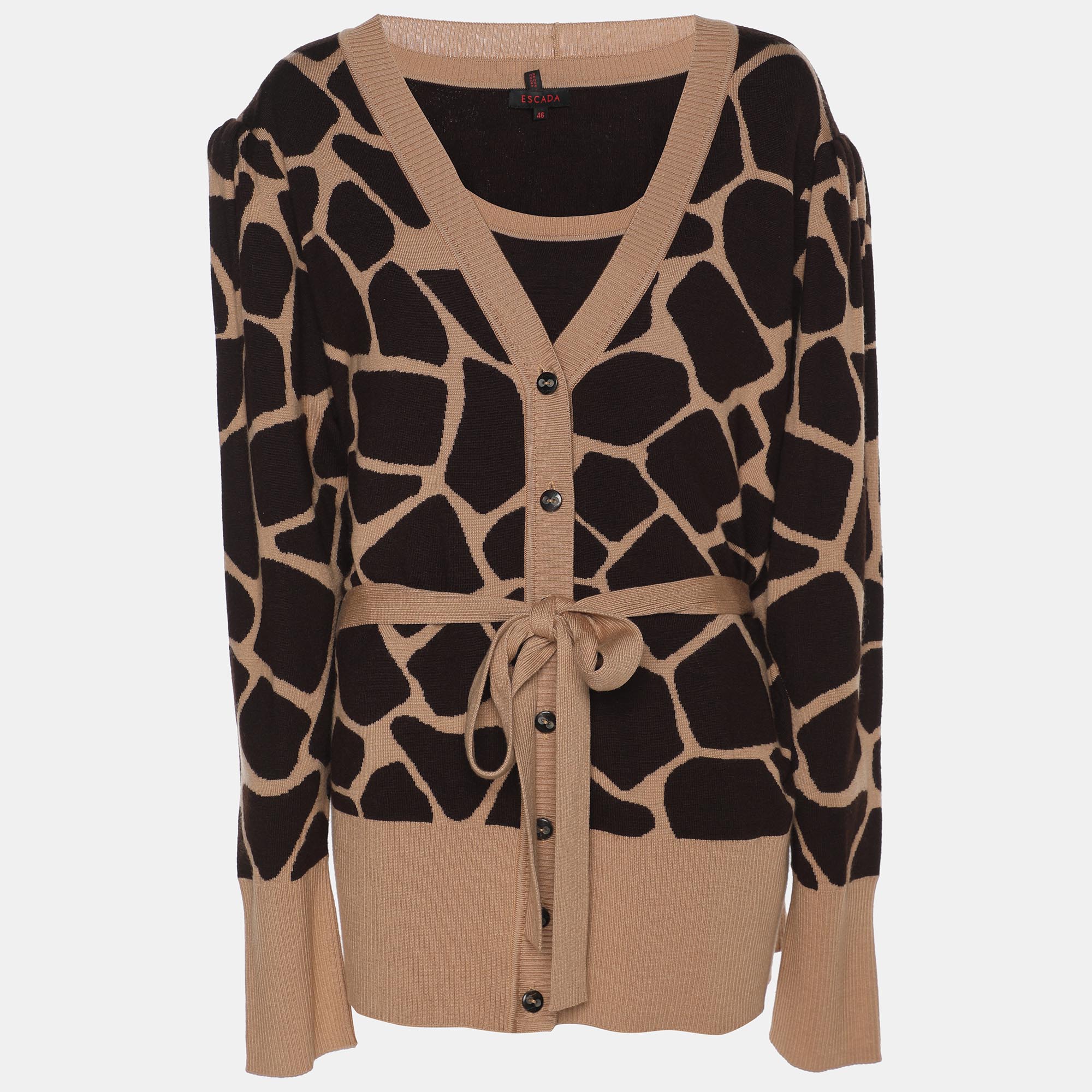 Escada Brown Printed Knit Button Front Sweater XL, Sweaters & Cardigans - Luxury Closet