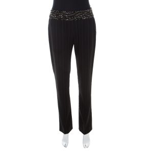 Escada Black Pinstriped Wool Embellished High Waist Detail Trousers S, Clothing - Luxury Closet catalog