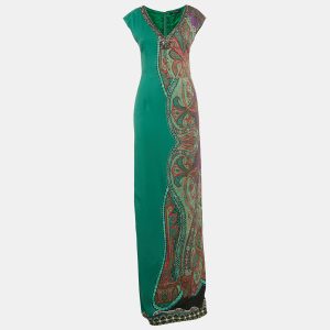 Etro Green Paisley Print Crepe Embellished Maxi Dress S, Dresses - Luxury Closet