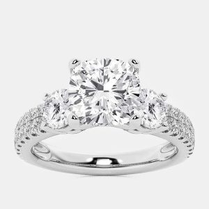 14K White Gold Cushion & Round Lab Grown Diamond Engagement Ring with Double Row Side Accents US 7 (1 1/2 ctw), Rings - Luxury Closet