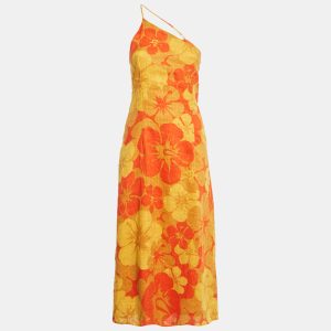 Faithfull The Brand Yellow/Orange Floral Print Linen Soko Midi Dress S, Dresses - Luxury Closet