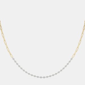 14K Yellow and White Gold Lab Grown Diamond By the Yard Necklace with Paperclip Chain (2.00 Ct), Necklaces - Luxury Closet