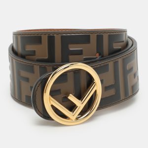 Fendi Brown Zucca Embossed Leather F Logo Round Buckle Belt 75CM, Belt Buckles - Luxury Closet