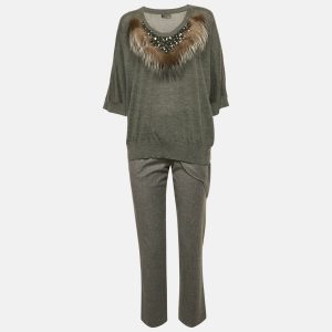 Fendi Grey Fur Trim Cashmere and Wool Knit Top and Pants Set S, Suits - Luxury Closet
