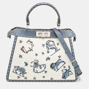 Fendi Blue/Off White Selleria Leather and Canvas Medium Astrology Peekaboo ISeeU Top Handle Bag, Satchels - Luxury Closet catalog
