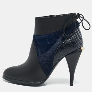Fendi Black/Blue Leather and Calf Hair Ankle Booties Size 36.5, Boots - Luxury Closet