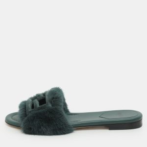 Fendi Green Mink Fur Baguette Slide Sandals Size 36, Sandals - Luxury Closet