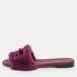 Fendi Purple Mink Fur Baguette Flat Slides Size 37, Sandals - Luxury Closet