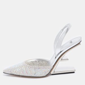Fendi Silver Leather and Tulle Fendi First Crystal Embellished Slingback Sandals Size 40, Sandals - Luxury Closet catalog