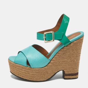 Fendi Green Lizard and Patent Leather Espadrille Wedge Sandals Size 40, Sandals - Luxury Closet