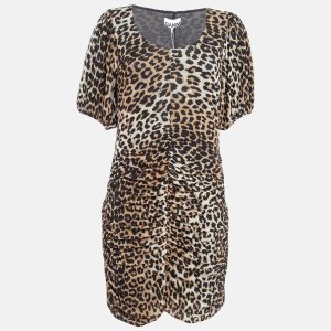 Ganni Brown Brown Leopard Print Jersey Mesh Ruched Mini Dress L, Dresses - Luxury Closet catalog
