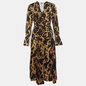 Ganni Black Printed Stretch Satin Ruched Midi Dress S, Dresses - Luxury Closet