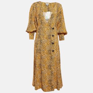 Ganni Yellow Leopard Print Crepe Buttoned Midi Dress M, Dresses - Luxury Closet catalog