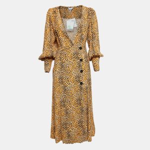 Ganni Yellow Leopard Print Crepe Buttoned Midi Dress S, Dresses - Luxury Closet