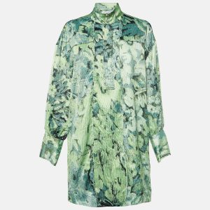 Ganni Green Abstract Floral Print Satin Mini Dress L, Dresses - Luxury Closet
