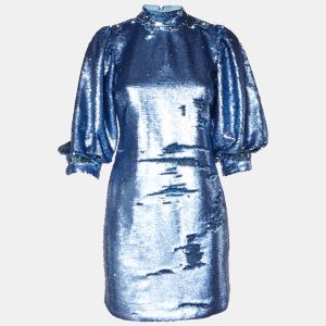 Ganni Blue Sequined High Neck Mini Dress S, Dresses - Luxury Closet