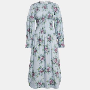 Ganni Blue Floral Print Cotton Shirring Detail Midi Dress XS, Dresses - Luxury Closet