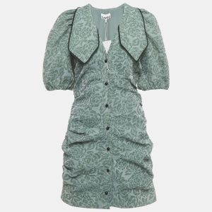 Ganni Green Rose Jacquard Ruched Button Front Mini Dress M, Dresses - Luxury Closet catalog