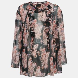 Giamba Black Feather-Floral Print Chiffon Ruffled Blouse L, Shirts & Tops - Luxury Closet catalog