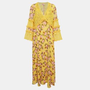 Giamba Yellow Floral Print Chiffon and Lace Cut-Out Maxi Dress M, Dresses - Luxury Closet