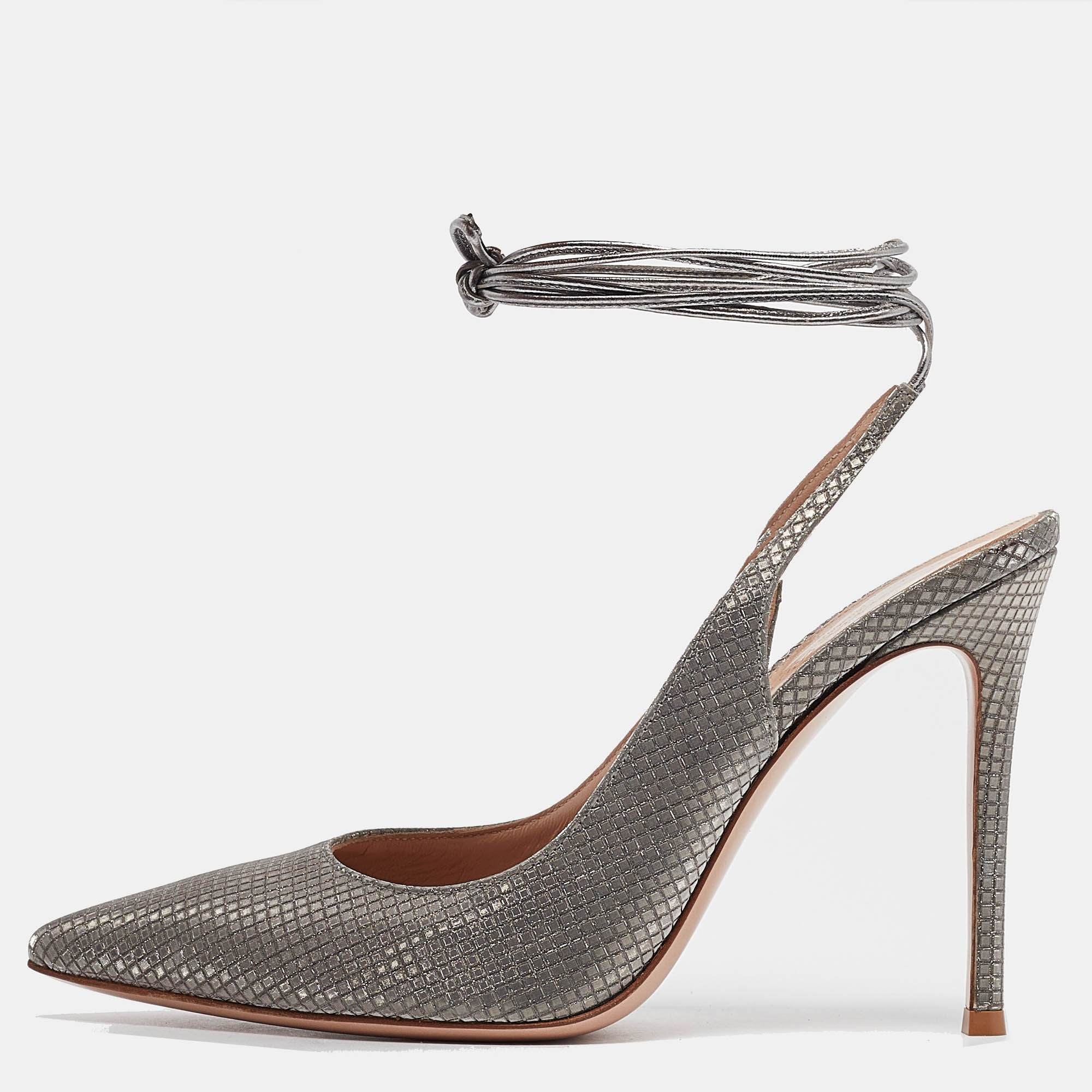 Gianvito Rossi Silver Nubuck Leather Ankle Wrap Pumps Size 39, Pumps - Luxury Closet