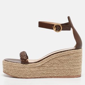 Gianvito Rossi Brown Braided Leather Merida Espadrille Wedge Sandals Size 40.5, Sandals - Luxury Closet