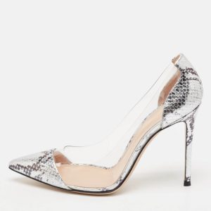 Gianvito Rossi Plexi Size 39.5 Silver PVC and Snakeskin Embossed Leather Pumps, Pumps - Luxury Closet