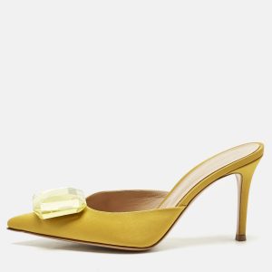 Gianvito Rossi Yellow Satin Crystal Embellished Jaipur Mules Size 37, Sandals - Luxury Closet