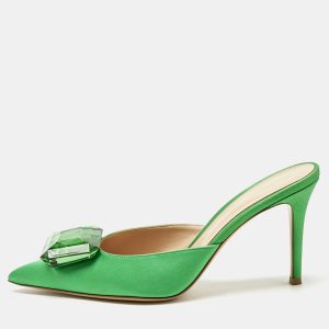 Gianvito Rossi Green Satin Jaipur Crystal Pointed Toe Mules Size 40, Sandals - Luxury Closet