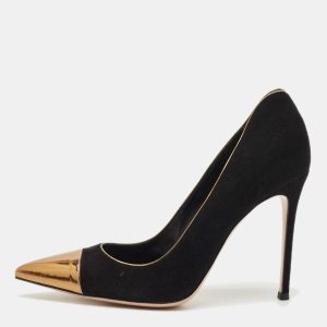 Gianvito Rossi Black/Gold Leather and Suede Pointed Toe Pumps Size 40.5, Pumps - Luxury Closet