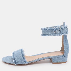 Gianvito Rossi Blue Washed Denim Ankle Strap Flat Sandals Size 41, Sandals - Luxury Closet