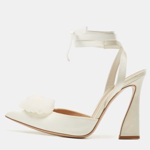 Gianvito Rossi White Satin Flower Embellished Ankle Wrap Pumps Size 41, Pumps - Luxury Closet