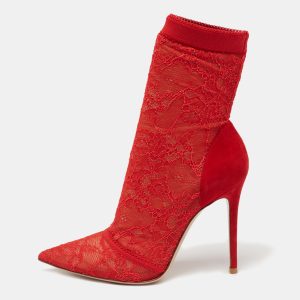 Gianvito Rossi Red Lace And Suede Pointed Ankle Booties Size 39, Boots - Luxury Closet