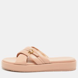 Gianvito Rossi Beige Leather Alima  Flat Slides Size 37.5, Sandals - Luxury Closet
