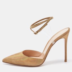 Gianvito Rossi Gold Glitter Nubuck Leather Embellshed Ankle Strap Sandals Size 42, Sandals - Luxury Closet