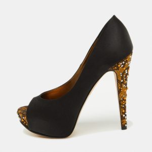 Gina Black Satin Crystal Embellished Peep Toe Platform Pumps Size 37, Pumps - Luxury Closet catalog