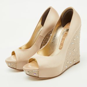 Gina Beige Satin Crystal Embellished Peep Toe Platform Wedge Pumps Size 37, Pumps - Luxury Closet