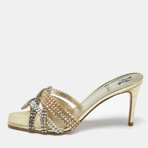 Gina Metallic Leather  Crystal Embellished Slide Sandals Size 37.5, Sandals - Luxury Closet catalog
