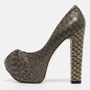 Gina Dark Grey Python Leather Elle Platform Pumps Size 39.5, Pumps - Luxury Closet